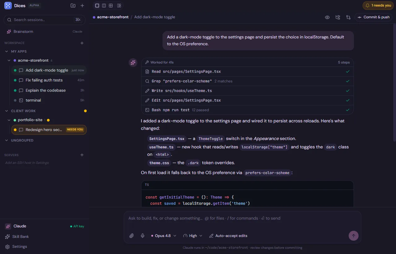 The Dices cockpit running an AI coding agent — sidebar of projects and chats, tool calls, and generated code