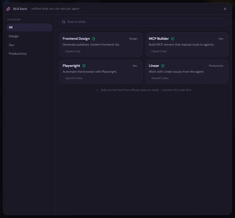 The Dices Skill Bank — browse and install verified agent skills