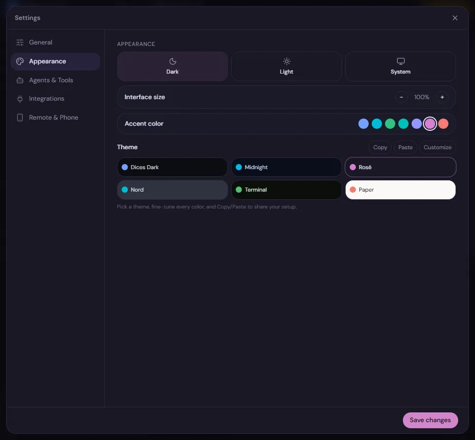Dices theming — color skins and a per-token editor