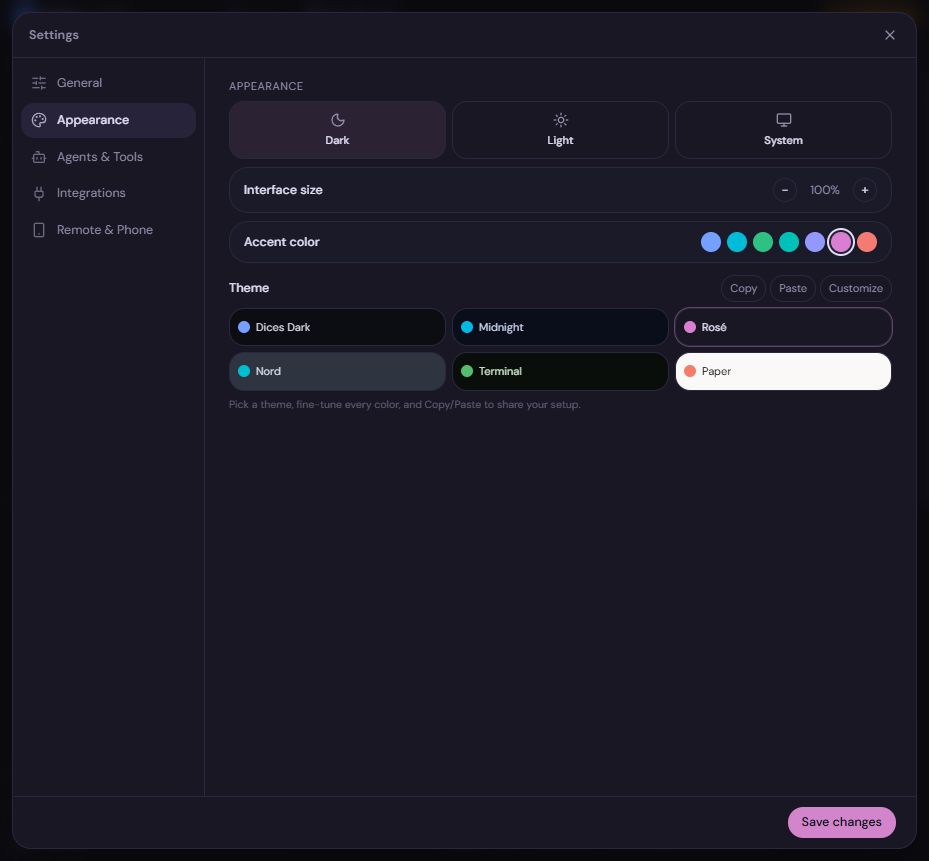 Theming settings in Dices